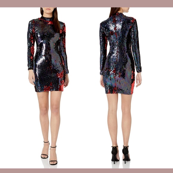 NEW Dress the Population [ Small ] Katy Sequin Dress Red/Rainbow Reverse‎ - Picture 1 of 15